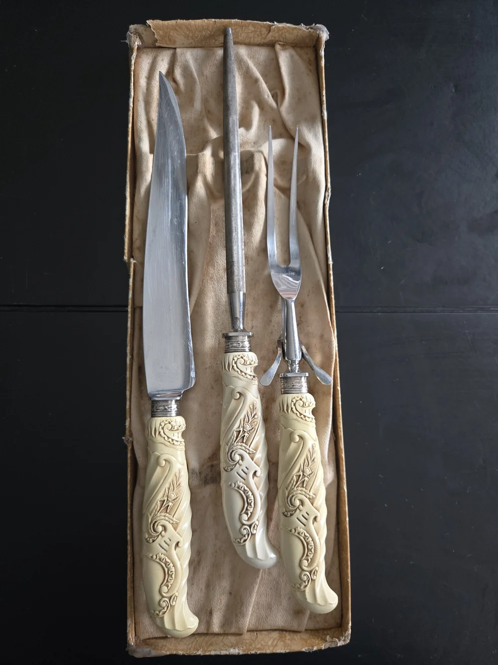Landers Frary & Clark 3-Piece Roast Carving Set STERLING Silver Bands Celluloid